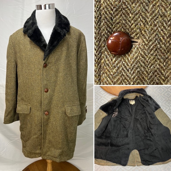 Vintage Supre-Macy Olive Herringbone Tweed Long Fur Lined